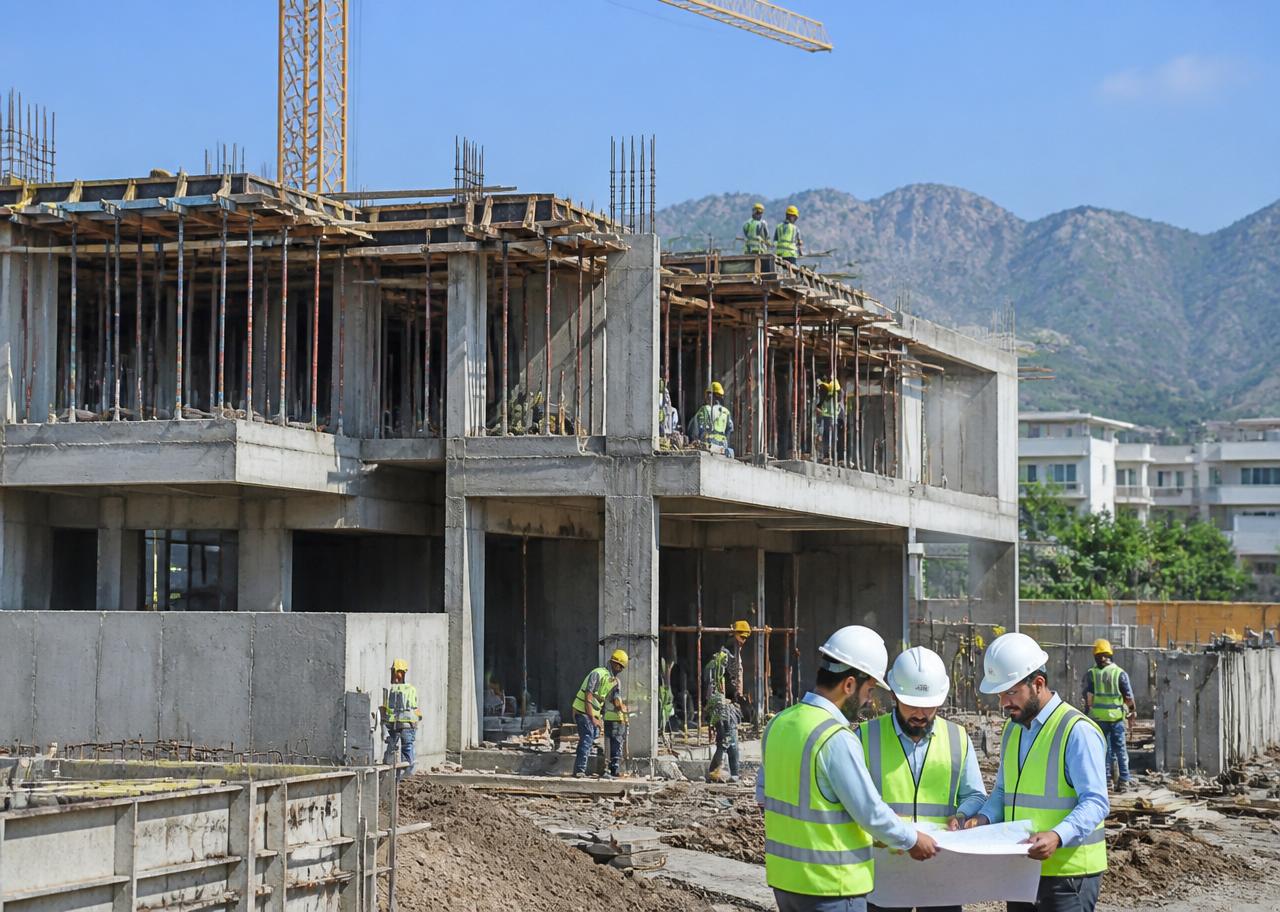 AH Real Estate Marketing engineers reviewing plans at a house construction site in Islamabad, reinforced concrete structure with crane in background
